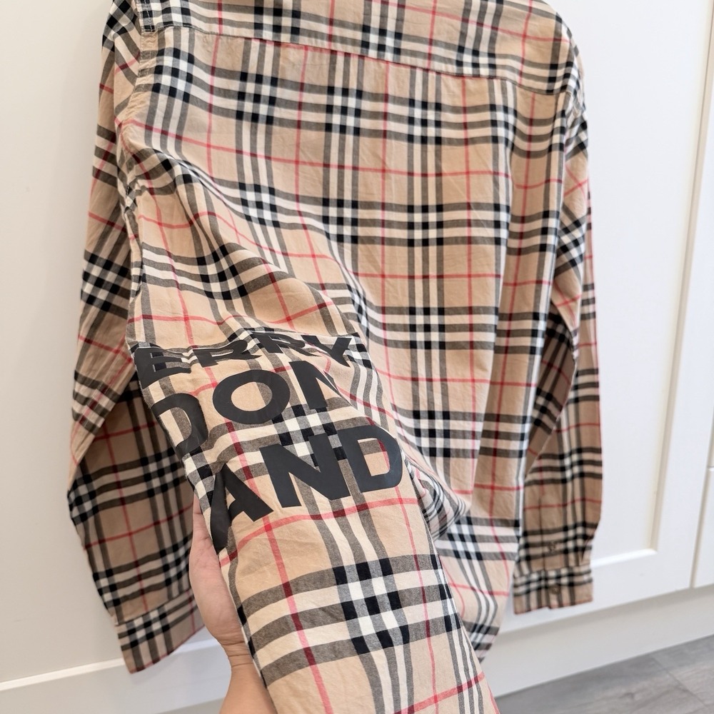 Burberry London England Check Logo Print Button Shirt Beige Men's Large - Picture 7 of 15